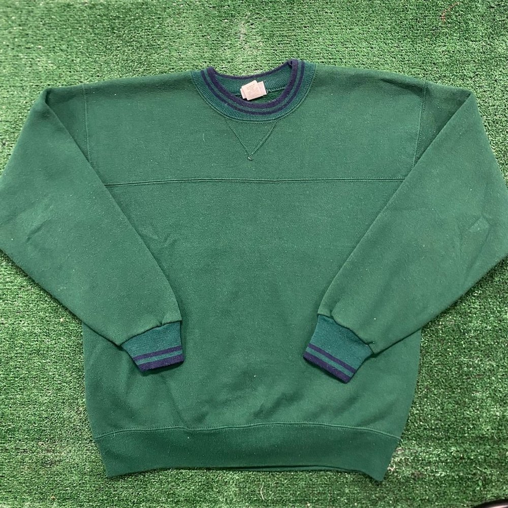 Vintage 90s Dark Forest Green Crewneck Sweatshirt Plain Blank Fleece Minimalist - Picture 1 of 4
